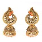 *Оранжевые индийские серьги из латуни с искусственными камнями, перламутровыми бусинками