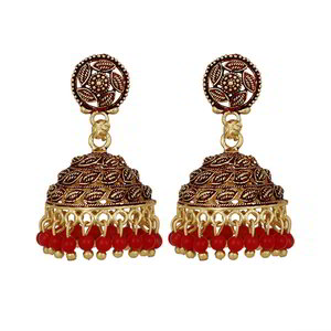 Бордовые, золотые и красные латунные индийские серьги с бисером