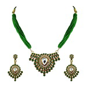 Зелёный и золотой индийский кулон на шею из латуни со стразами