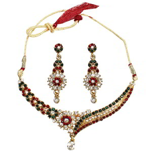 Зелёное и золотое индийское украшение на шею со стразами