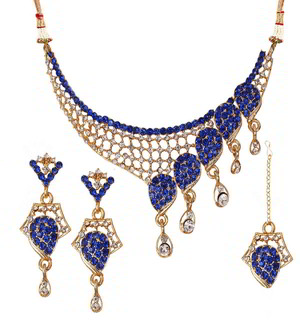 Золотое и синее индийское украшение на шею со стразами
