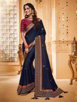 Тёмно-синее атласное индийское сари, украшенное вышивкой