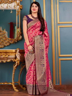 Розовое и цвета фуксии шёлковое индийское сари, украшенное вышивкой