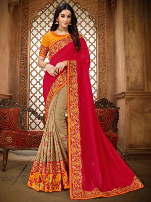 Бежевое и красное шёлковое индийское сари, украшенное вышивкой