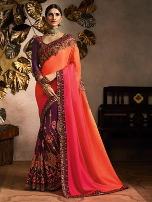 Персиковое индийское сари из креп-жоржета и шёлка, украшенное вышивкой