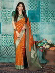 *Оранжевое шёлковое и жаккардовое оригинальное красивое индийское сари
