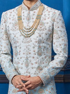 Голубой и розовый шёлковый индийский свадебный мужской костюм