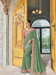 *Зелёное оригинальное индийское сари из шёлка, украшенное вышивкой люрексом, печатным рисунком со стразами, стразами