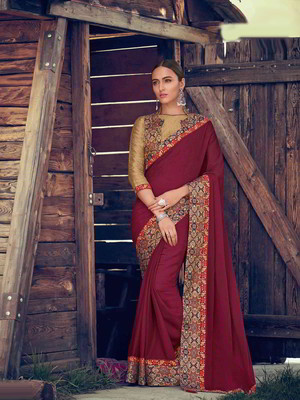 Бордовое шифоновое индийское сари с стразами