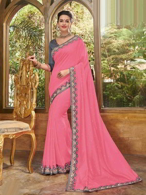 Розовое шёлковое индийское сари, украшенное вышивкой со стразами, стразами, кусочками зеркалец