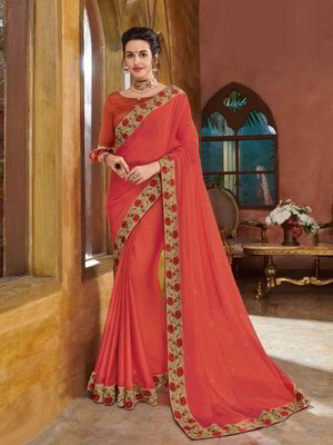 Оранжевое индийское сари из креп-жоржета, украшенное вышивкой со стразами, стразами