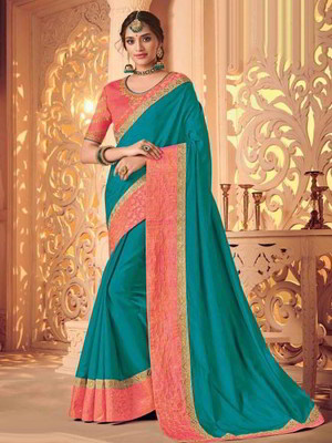 Розовое и сине-зелёное индийское сари из шёлка со стразами, стразами
