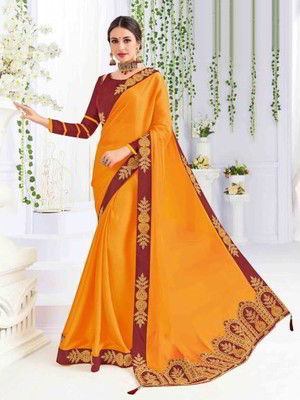 Жёлтое и оранжевое индийское сари из креп-жоржета, украшенное вышивкой со стразами, стразами