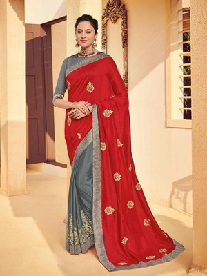 Красное шифоновое и шёлковое индийское сари, украшенное вышивкой с стразами