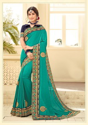 Зелёное шёлковое индийское сари со стразами, стразами