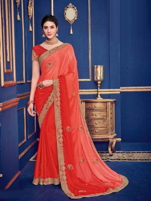 Оранжевое индийское сари из креп-жоржета, украшенное вышивкой со стразами, стразами