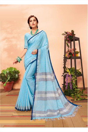 Синее индийское сари из льна