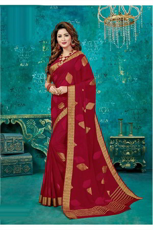 Красное индийское сари из шёлка, украшенное вышивкой люрексом