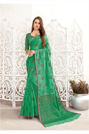 Зелёное индийское сари из льна, украшенное скрученной шёлковой нитью