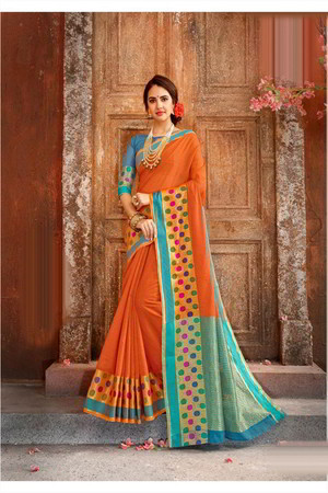 Оранжевое хлопковое и шёлковое индийское сари