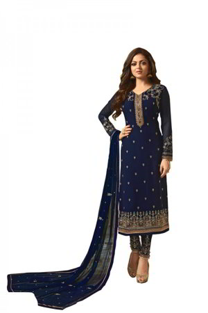 Тёмно-синее платье / костюм из креп-жоржета, украшенное вышивкой