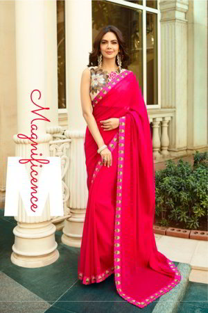 Розовое и цвета фуксии индийское сари, украшенное вышивкой