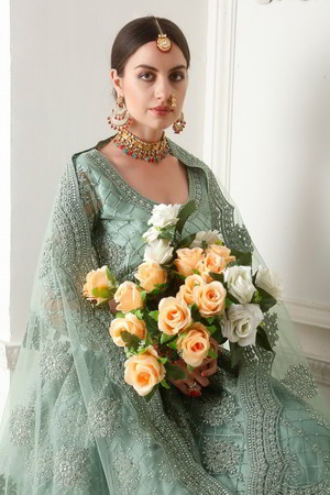 Сине-зелёный индийский женский свадебный костюм лехенга (ленга) чоли из фатина, украшенный вышивкой
