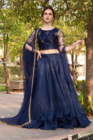 Синий индийский женский свадебный костюм лехенга (ленга) чоли, украшенный вышивкой