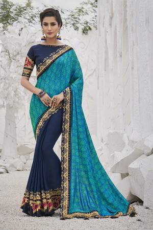 Синее индийское сари из креп-жоржета и атласа, украшенное вышивкой