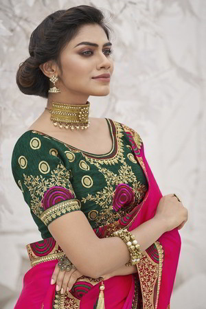 Красивое индийское сари из атласного жоржета цвета фуксии, украшенное вышивкой с люрексом