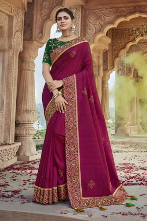 Розовое и цвета фуксии индийское сари из креп-жоржета и атласа, украшенное вышивкой