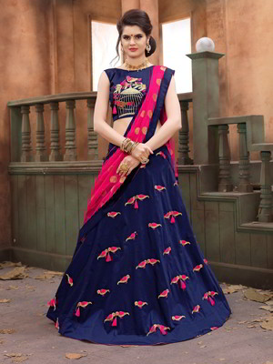 Синий шёлковый индийский женский свадебный костюм лехенга (ленга) чоли, украшенный вышивкой