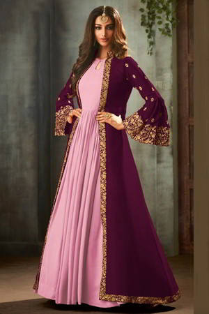 Горчичное и фиолетовое платье / костюм из креп-жоржета, украшенное вышивкой