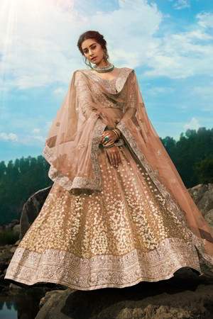 Светло-коричневый национальный индийский женский костюм лехенга (ленга) чоли, украшенный вышивкой