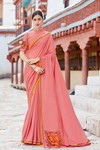 *Розовое шифоновое красивое лёгкое индийское сари, украшенное вышивкой
