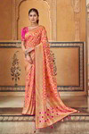 *Персиковое шёлковое и жаккардовое вечернее нарядное индийское сари