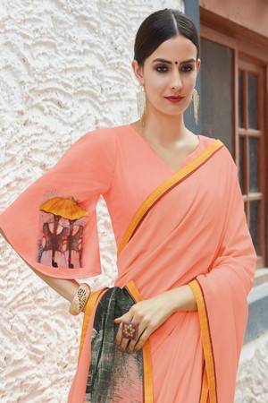 Персиковое шифоновое индийское сари, украшенное вышивкой