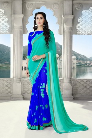 Голубое и синее индийское сари из креп-жоржета, украшенное вышивкой