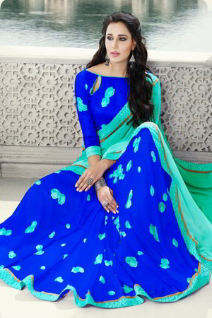 Голубое и синее индийское сари из креп-жоржета, украшенное вышивкой
