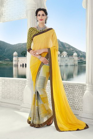 Жёлтое индийское сари из креп-жоржета, украшенное вышивкой