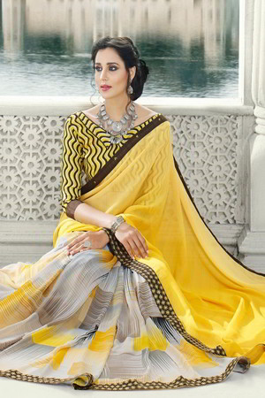 Жёлтое индийское сари из креп-жоржета, украшенное вышивкой