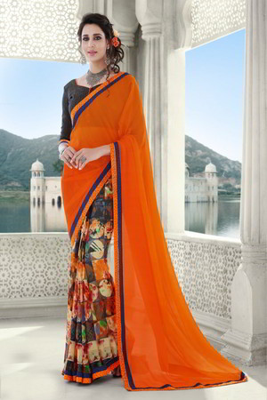 Оранжевое индийское сари из креп-жоржета, украшенное вышивкой