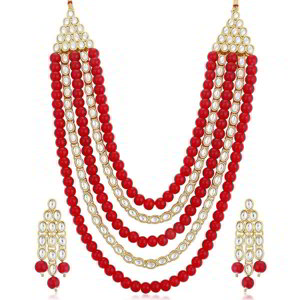 Красное позолоченное индийское украшение на шею (набор) со стразами