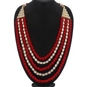 Красное позолоченное индийское украшение на шею (набор) со стразами