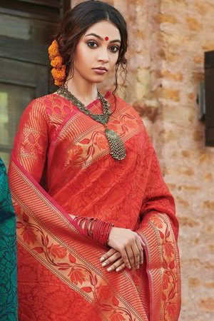 Оранжевое хлопко-шёлковое и шёлковое индийское сари