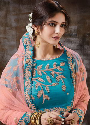 Сине-зелёный и синий атласный индийский женский свадебный костюм лехенга (ленга) чоли