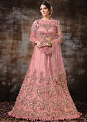 Розовый индийский женский свадебный костюм лехенга (ленга) чоли из атласа и фатина