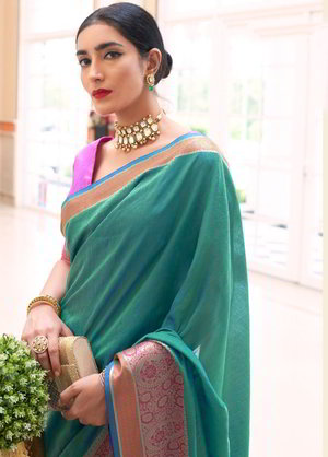 Сине-зелёное и синее жаккардовое и шёлковое индийское сари