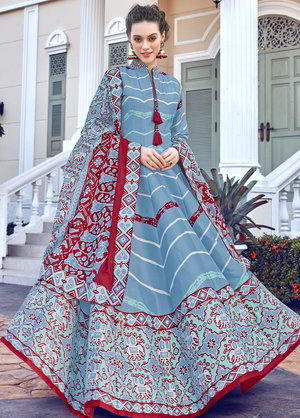 Синее длинное платье / анаркали / костюм из хлопка, крепа и шёлка