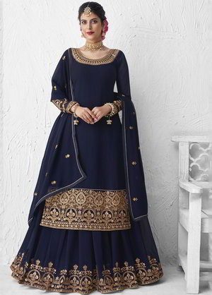Тёмно-синий индийский женский свадебный костюм лехенга (ленга) чоли из креп-жоржета, украшенный вышивкой люрексом со стразами